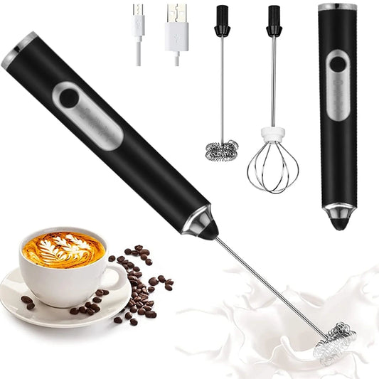 Handheld Milk Frother | USB Rechargeable, 2 Whisks, Black