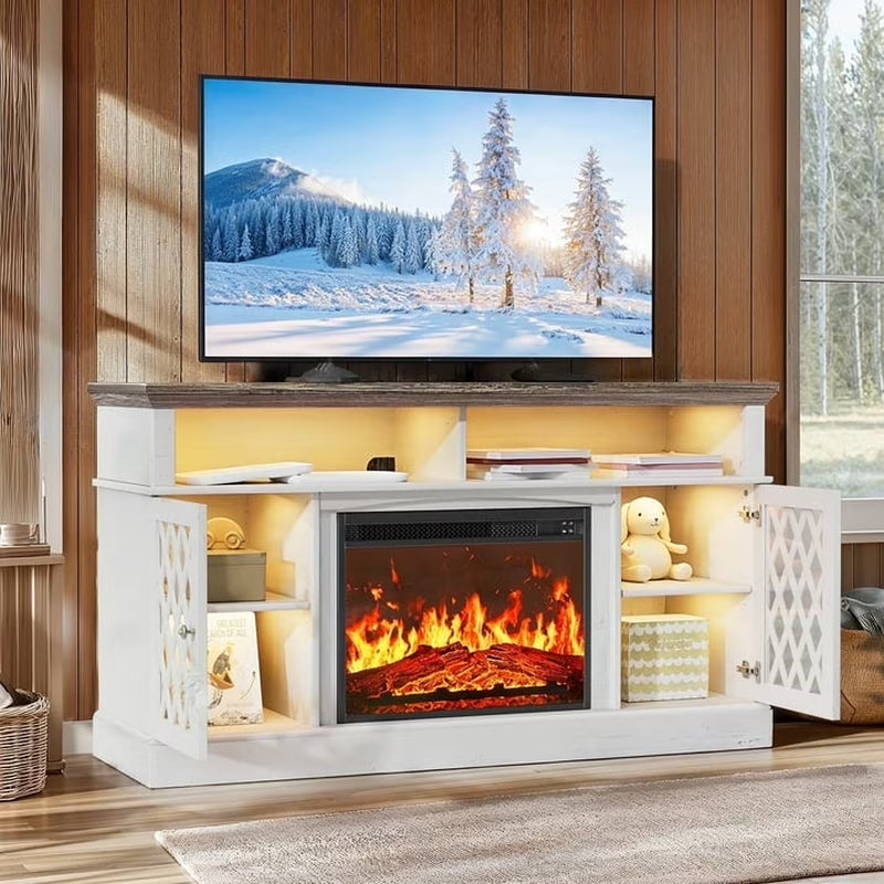 Farmhouse Fireplace TV Stand for 75" | LED Lights, Glass Doors, White