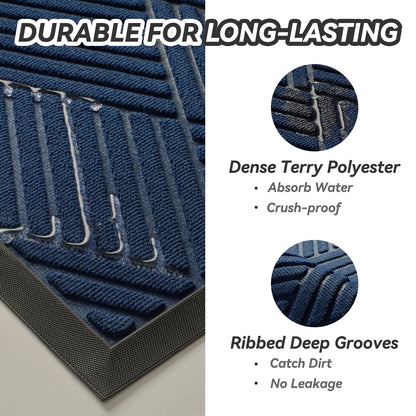 Non-Slip Outdoor Doormat 24x35" | Absorbent Rubber Entry Mat, Blue