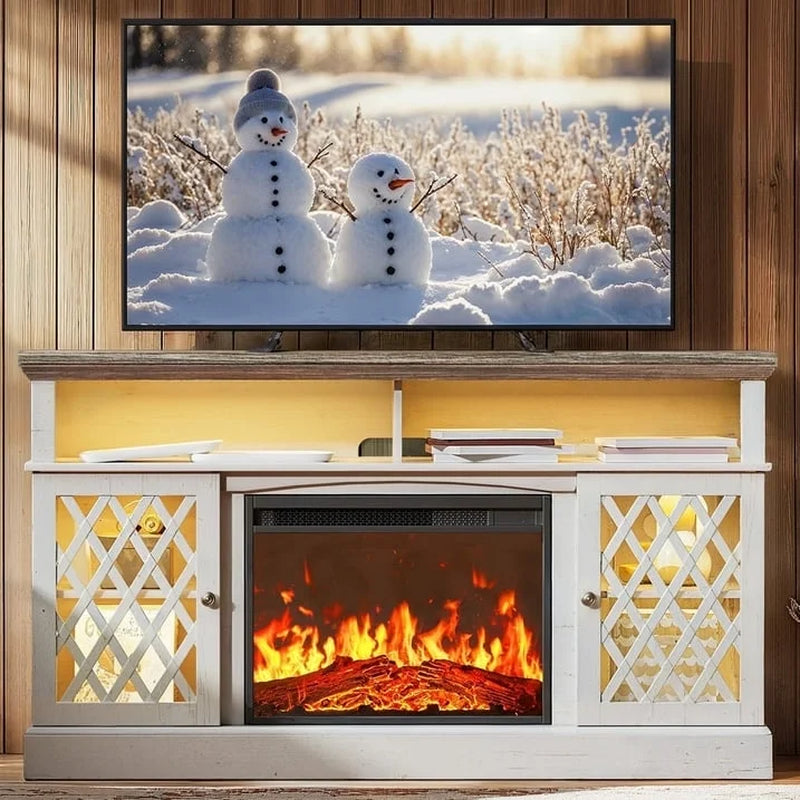 Farmhouse Fireplace TV Stand for 75" | LED Lights, Glass Doors, White