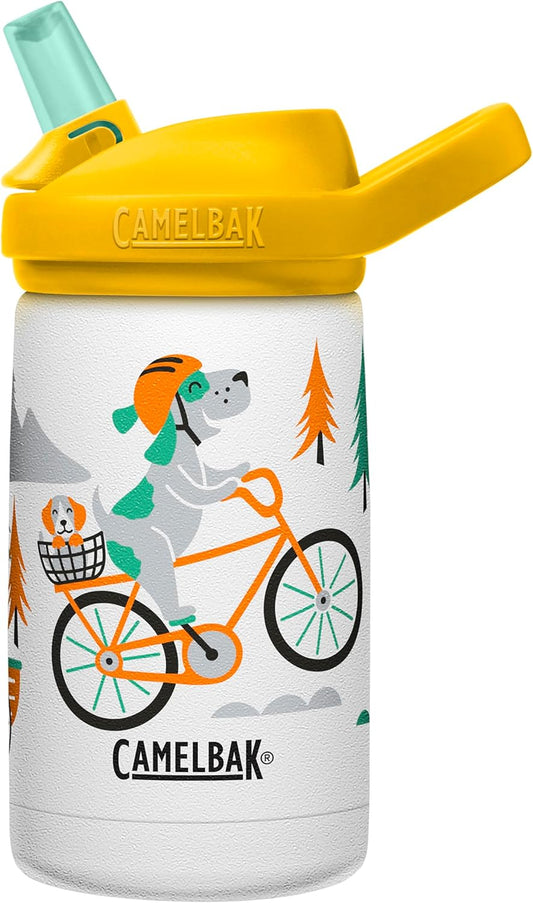 Kids Insulated Water Bottle 12 oz | Stainless Steel Straw, Biking Dogs