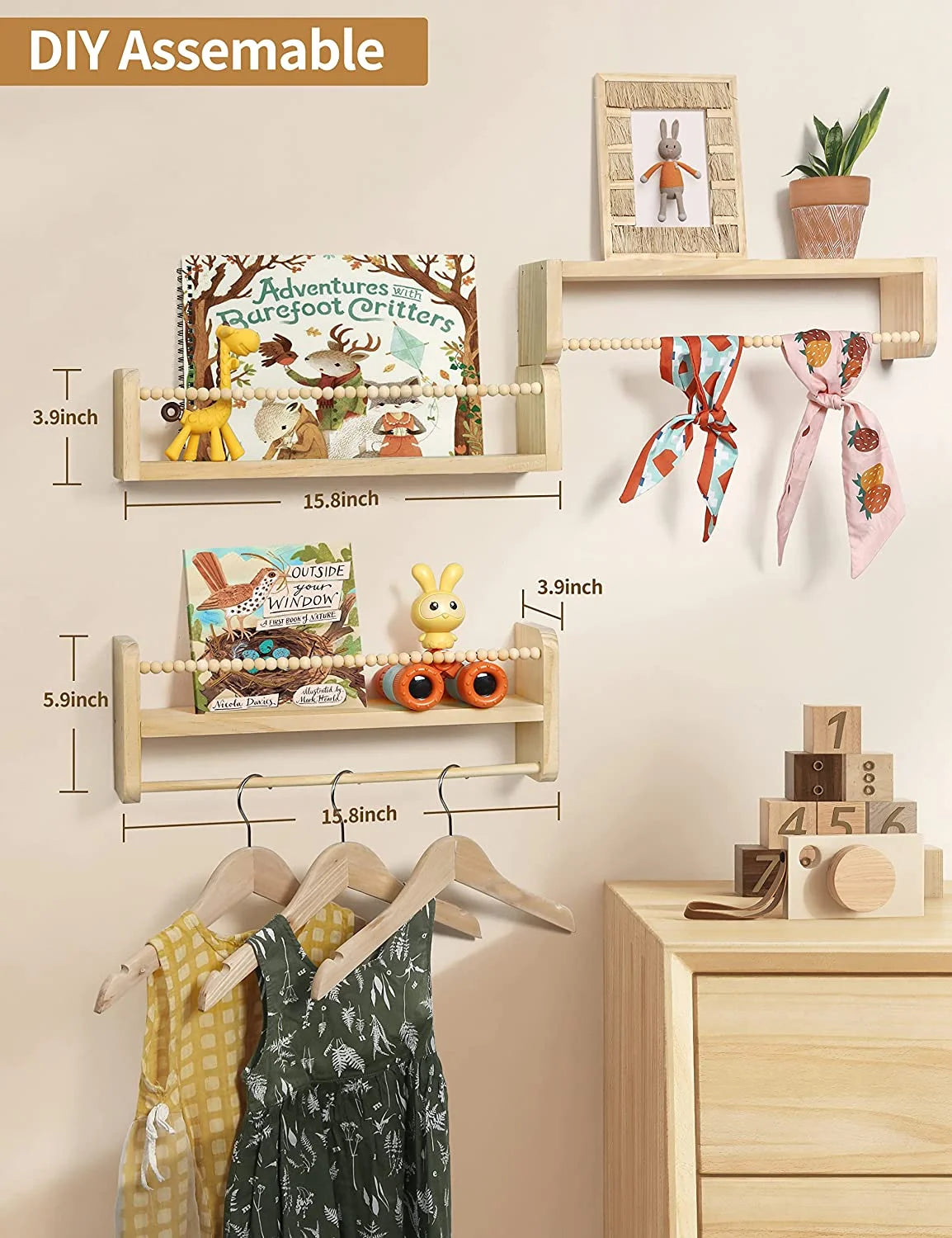 Nursery Floating Shelves Set of 3 | Natural Wood Wall-Mounted Bookshelf