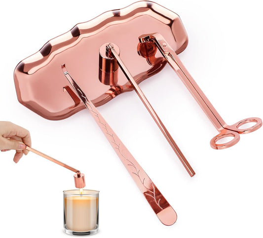 4-in-1 Candle Accessory Set | Wick Trimmer, Snuffer & Tray, Rose Gold