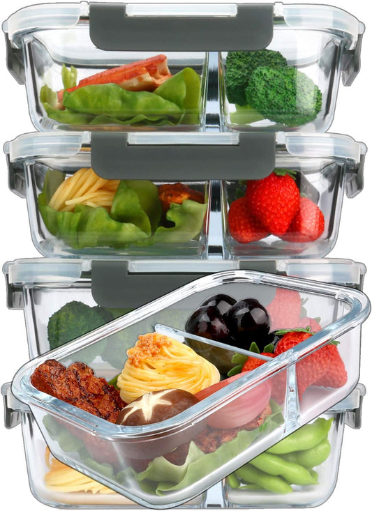 Glass Meal Prep Containers 5-Pack | 36 oz 2-Compartment with Snap Lids