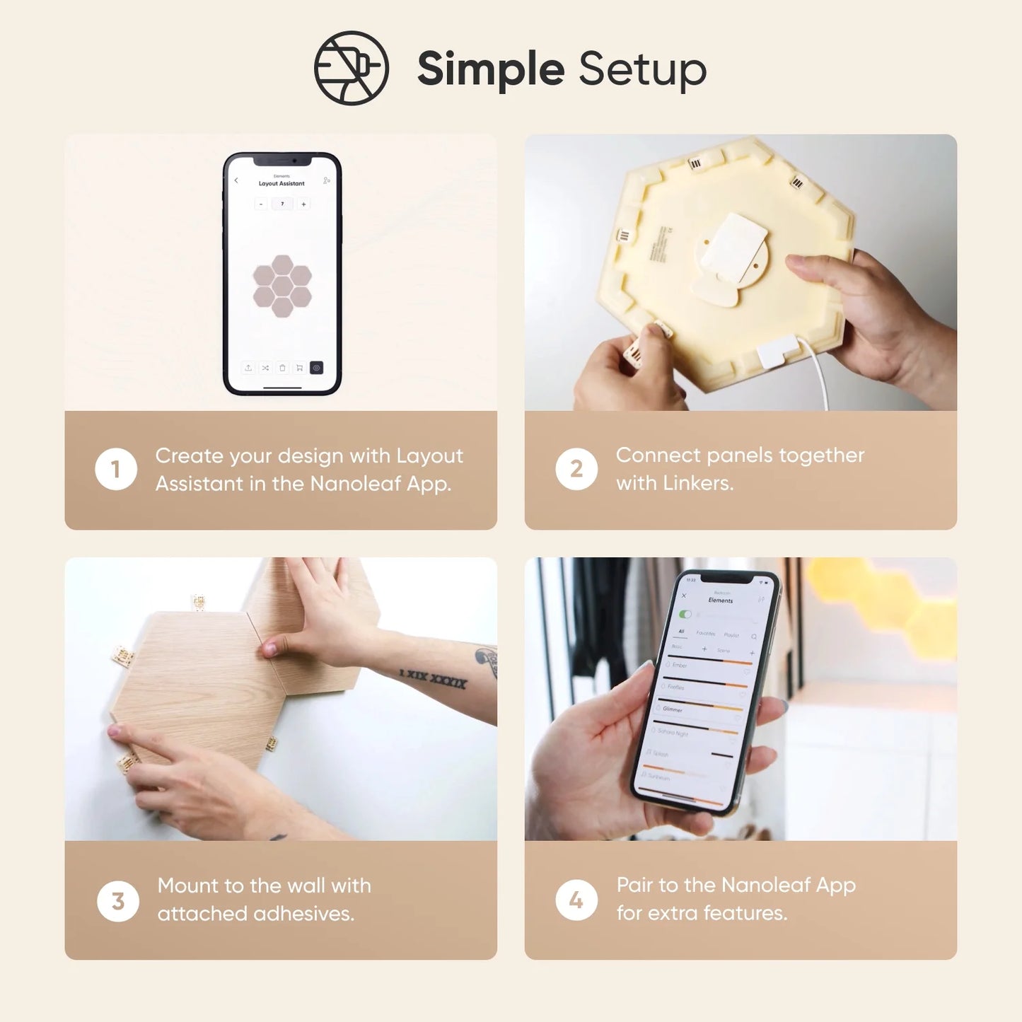 Smart Wall Light Panels 7-Pack | Hexagon Wood-Look Design