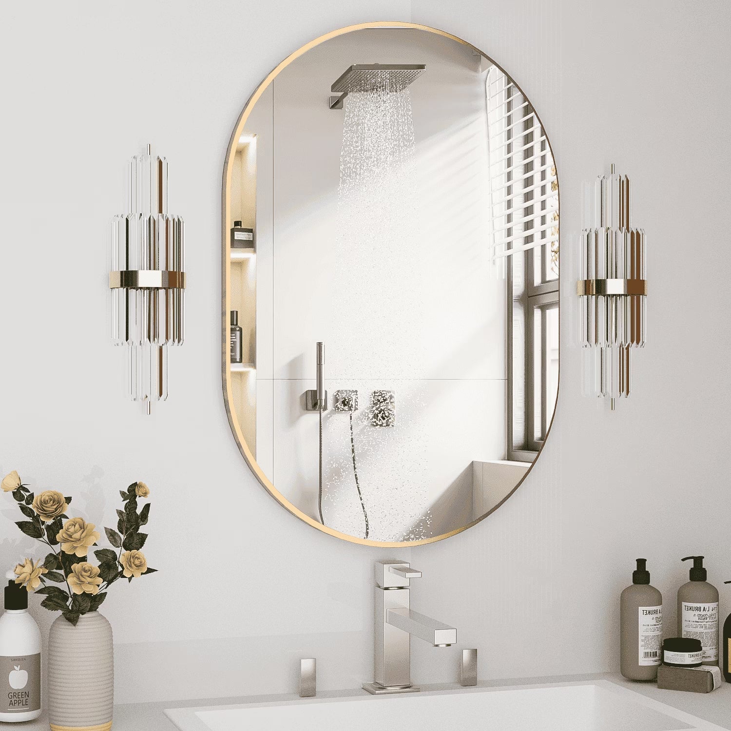 Oval Capsule Bathroom Mirror 24x36" | Gold Metal Frame