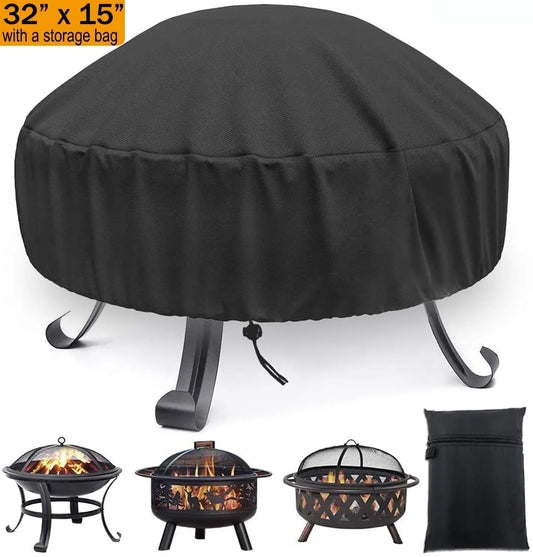 Round Fire Pit Cover 32x15" | Waterproof UV-Proof with Storage Bag