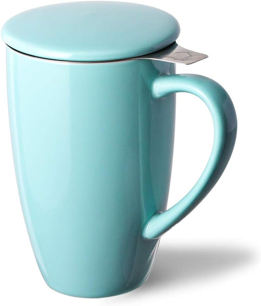 Porcelain Tea Infuser Mug 16 oz | Loose Leaf Strainer with Lid, Turquoise