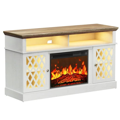 Farmhouse Fireplace TV Stand for 75" | LED Lights, Glass Doors, White
