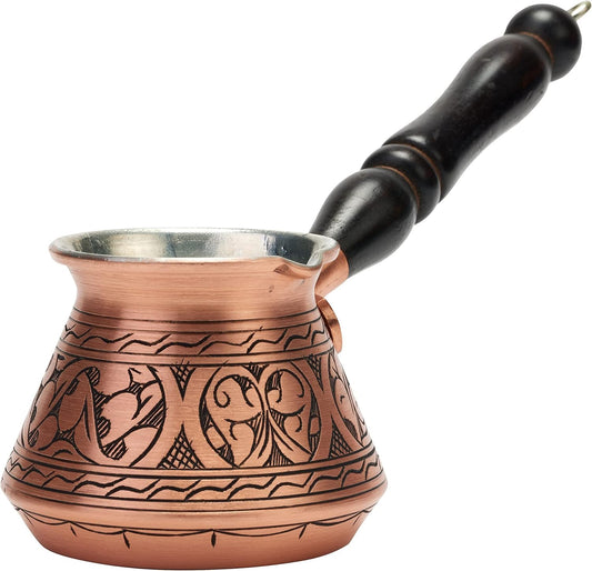 Turkish Copper Coffee Pot 9 oz | Hand-Engraved Cezve with Wooden Handle