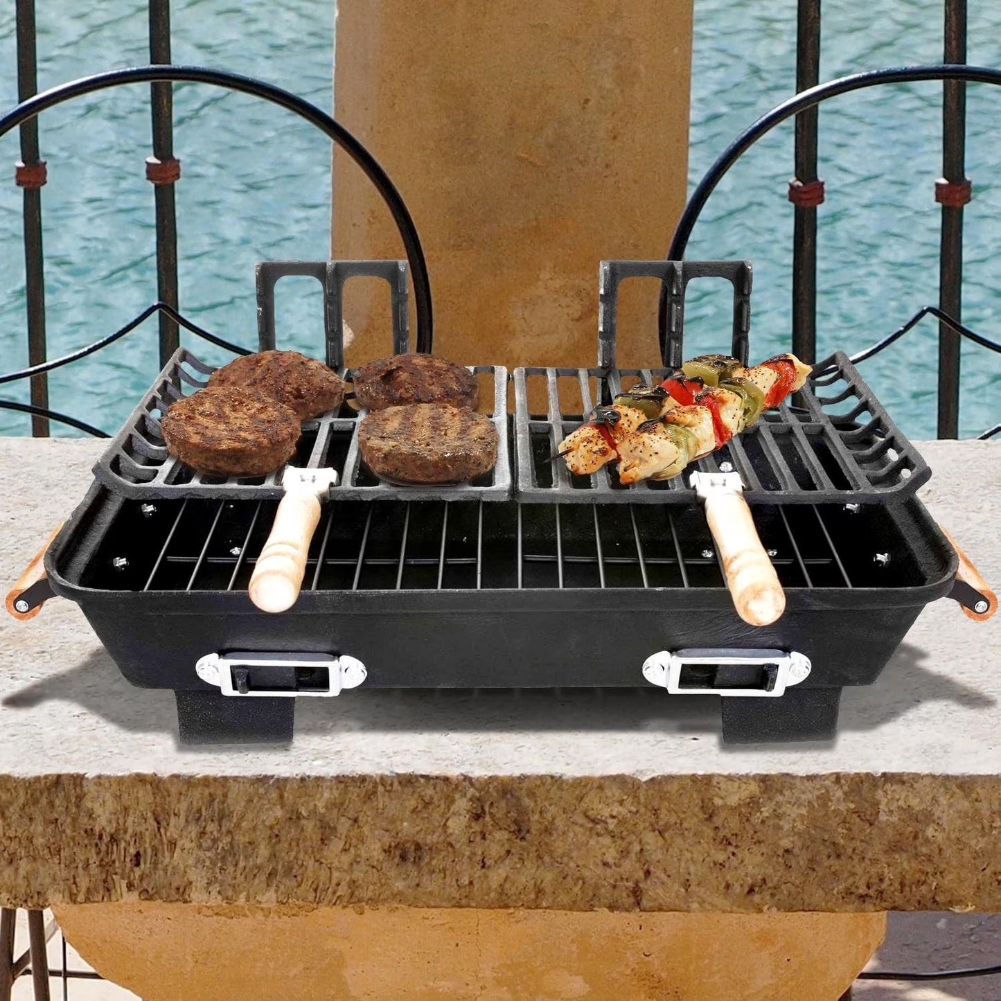 Portable Hibachi Charcoal Grill | Cast Iron Tabletop BBQ, Black