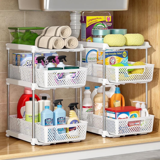 Pull-Out 3-Tier Under Sink Organizer 2-Pack | Bathroom & Kitchen, White
