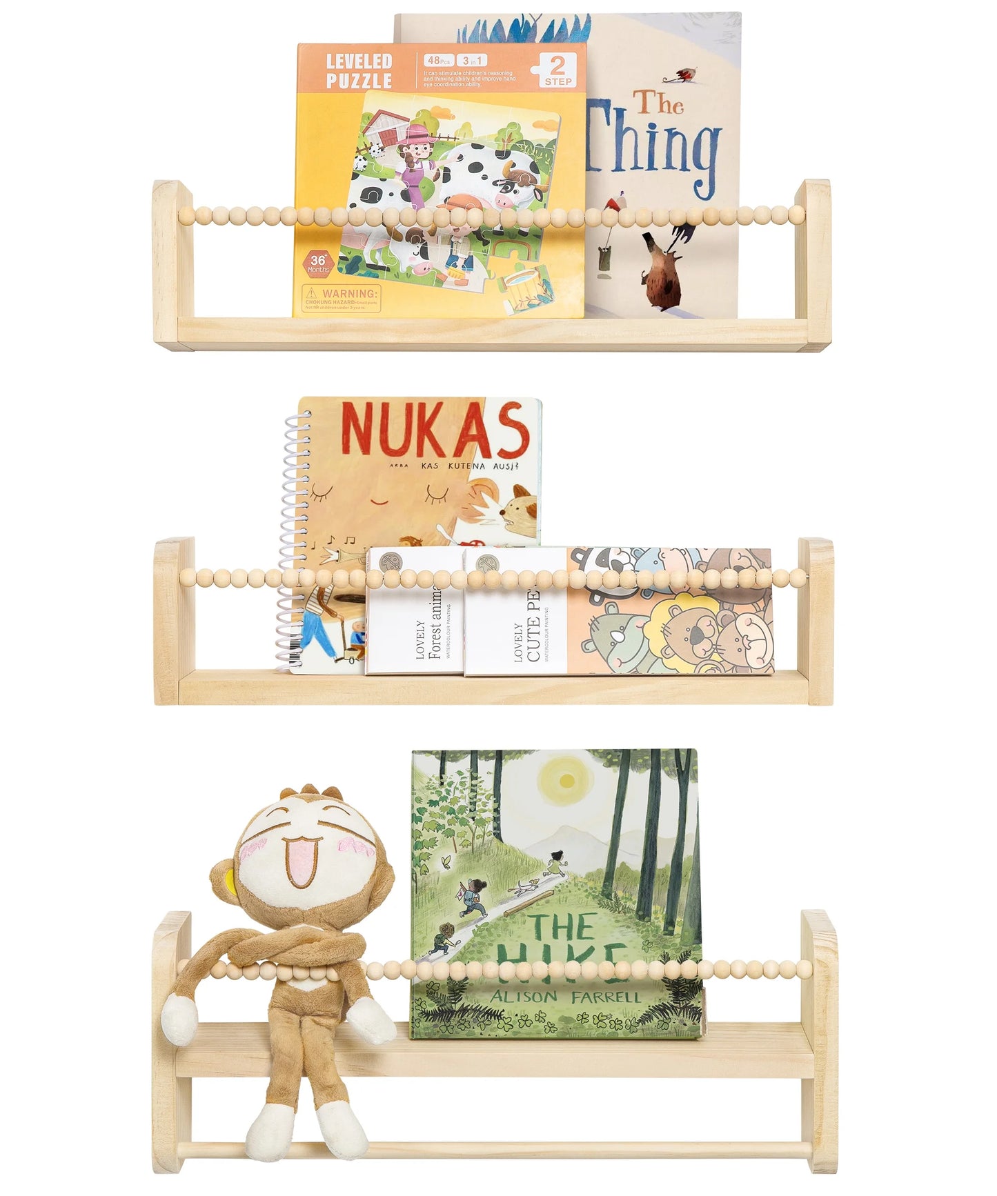 Nursery Floating Shelves Set of 3 | Natural Wood Wall-Mounted Bookshelf