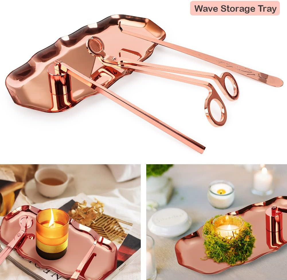 4-in-1 Candle Accessory Set | Wick Trimmer, Snuffer & Tray, Rose Gold