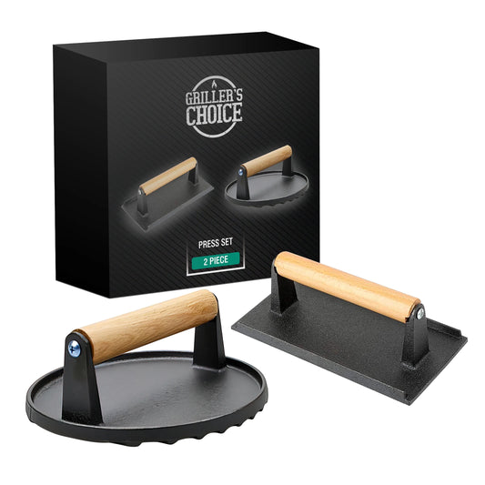 Cast Iron Grill Press Set of 2 | Round & Rectangle with Wood Handle