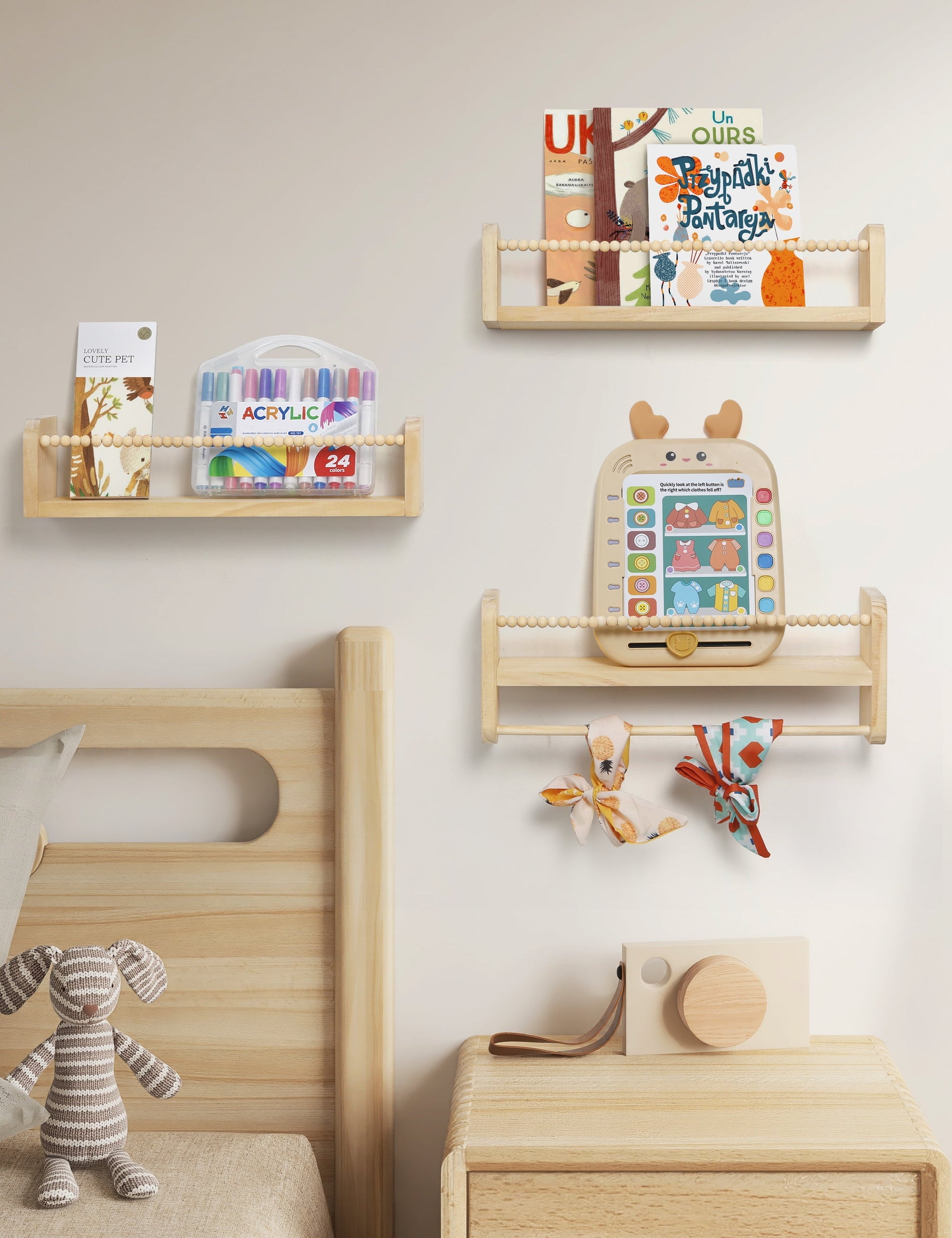 Nursery Floating Shelves Set of 3 | Natural Wood Wall-Mounted Bookshelf