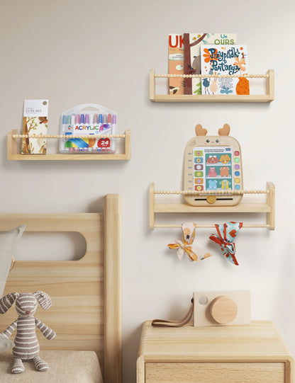 Nursery Floating Shelves Set of 3 | Natural Wood Wall-Mounted Bookshelf