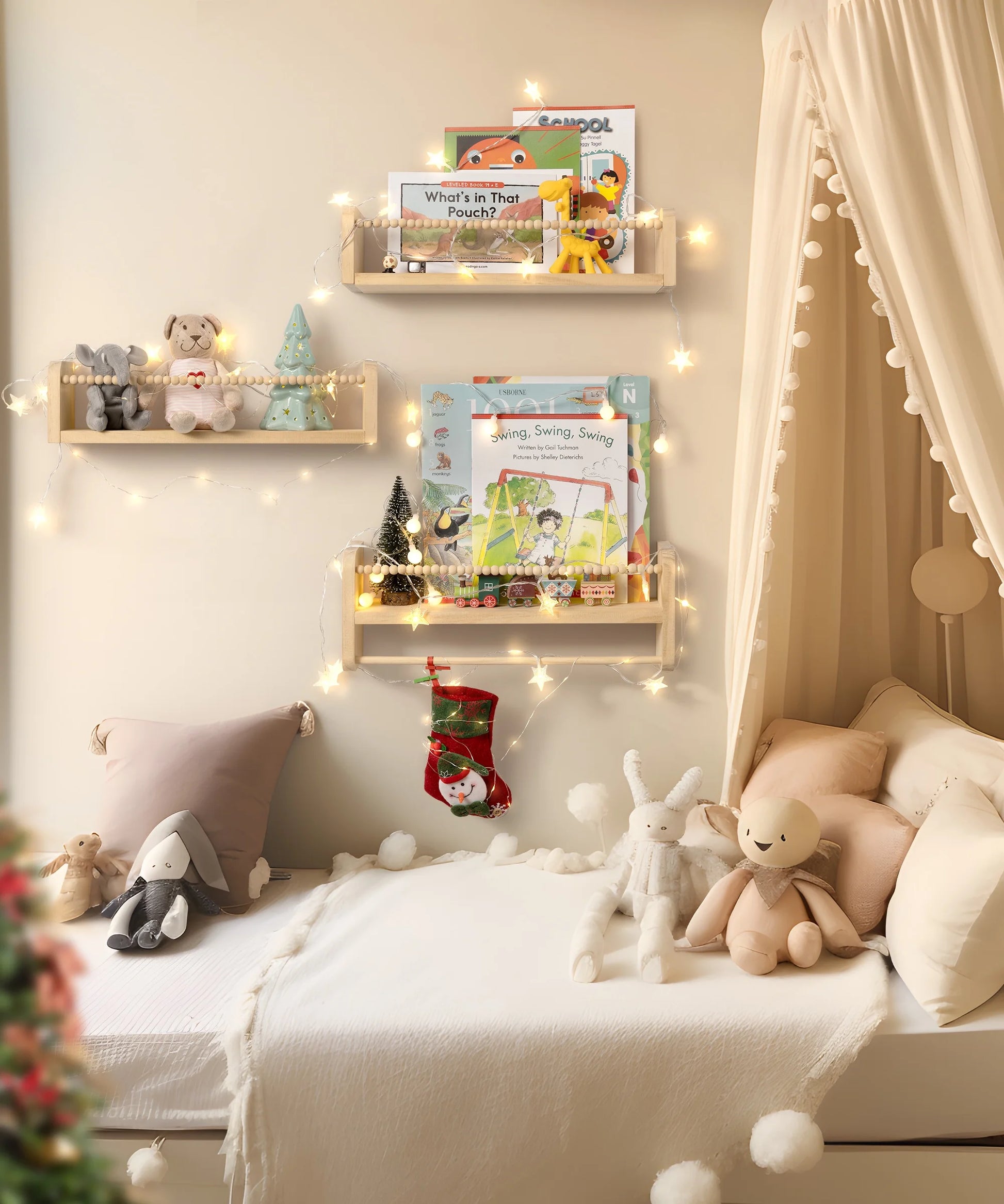 Nursery Floating Shelves Set of 3 | Natural Wood Wall-Mounted Bookshelf