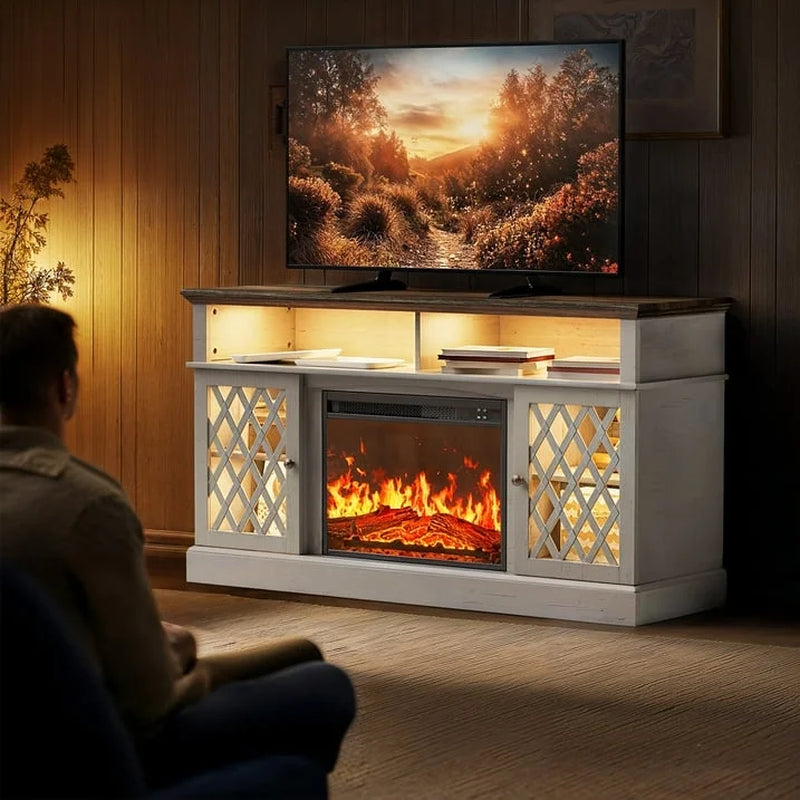 Farmhouse Fireplace TV Stand for 75" | LED Lights, Glass Doors, White