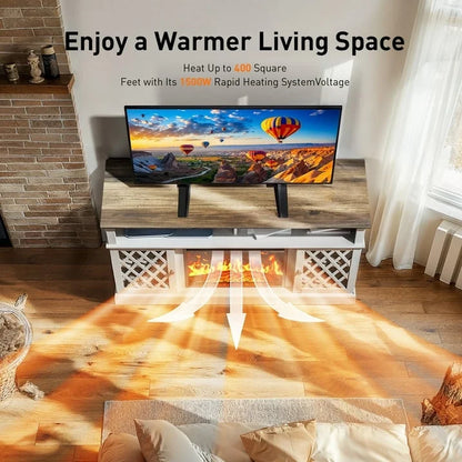 Farmhouse Fireplace TV Stand for 75" | LED Lights, Glass Doors, White