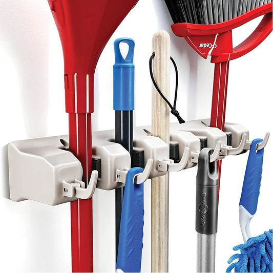 Wall-Mount Mop & Broom Holder | Garage Organizer with 6 Hooks