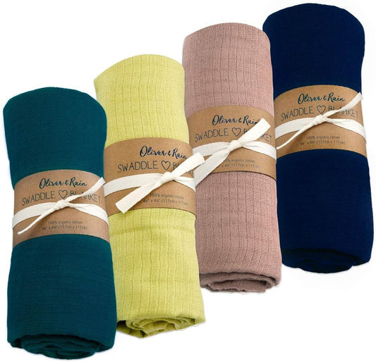 Organic Muslin Swaddle Blankets 4-Pack | Solid Colors, Unisex Baby
