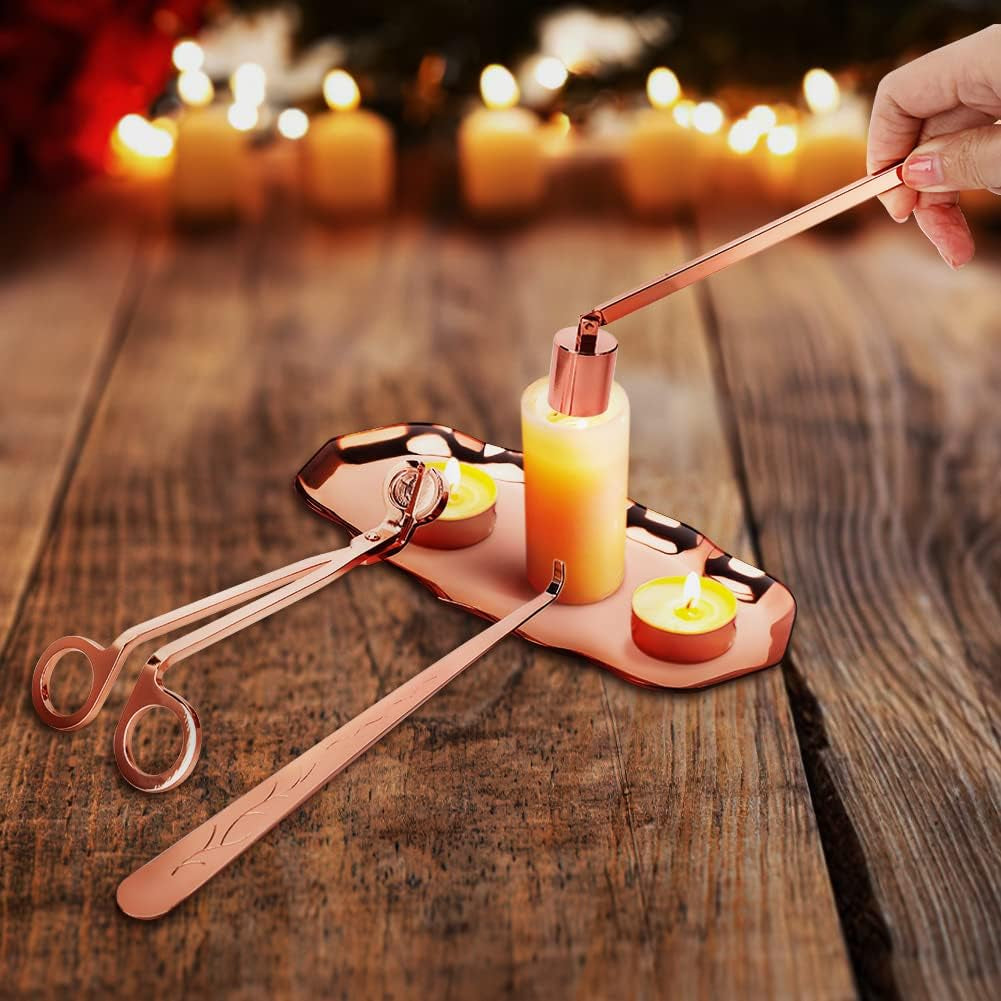 4-in-1 Candle Accessory Set | Wick Trimmer, Snuffer & Tray, Rose Gold