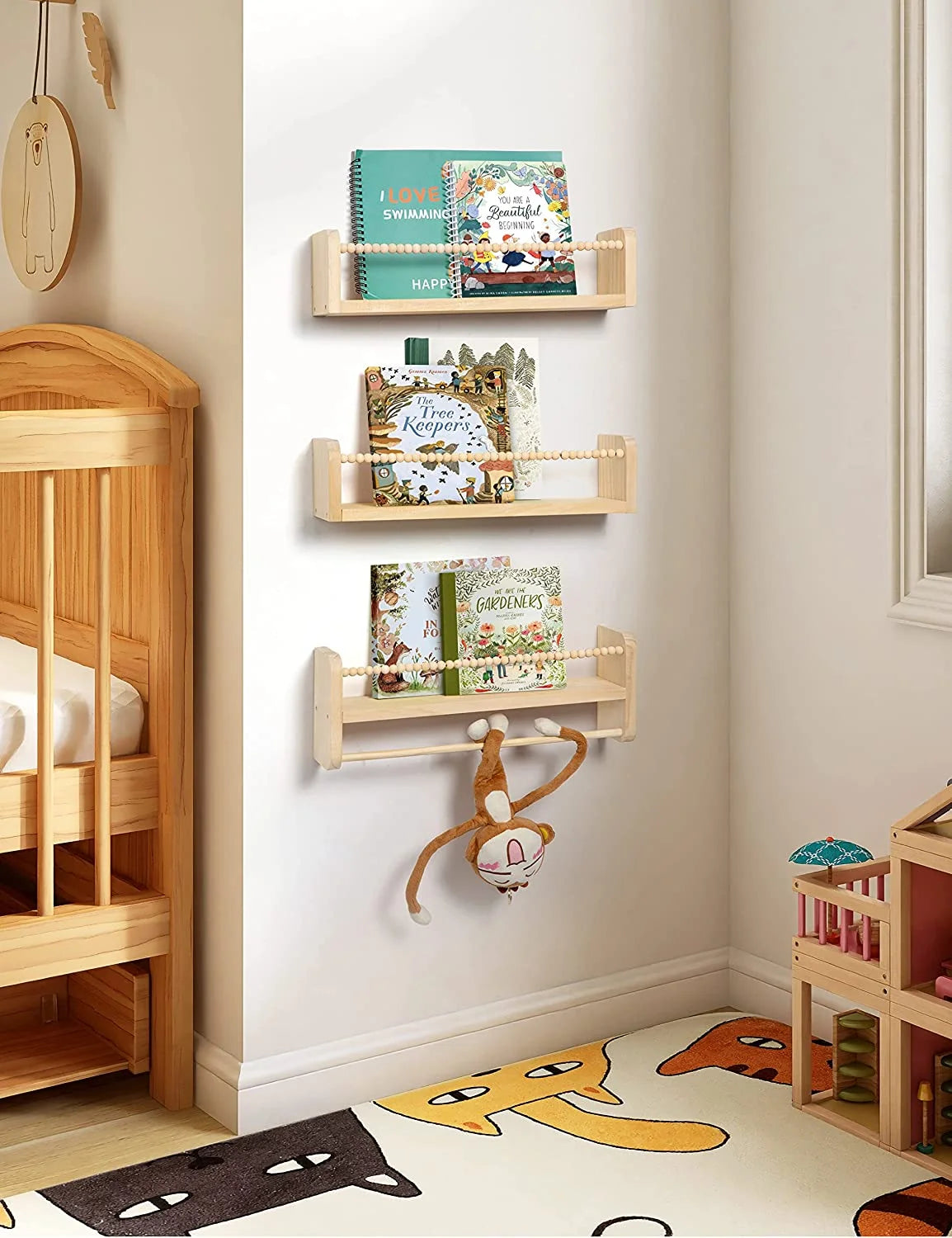 Nursery Floating Shelves Set of 3 | Natural Wood Wall-Mounted Bookshelf