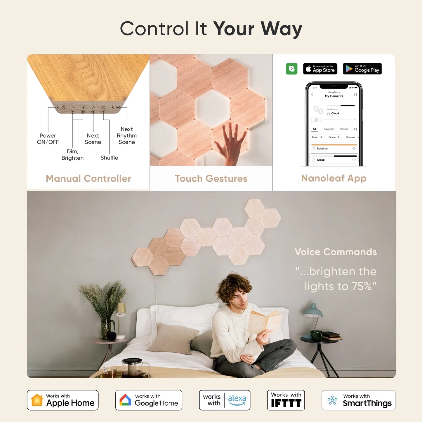 Smart Wall Light Panels 7-Pack | Hexagon Wood-Look Design