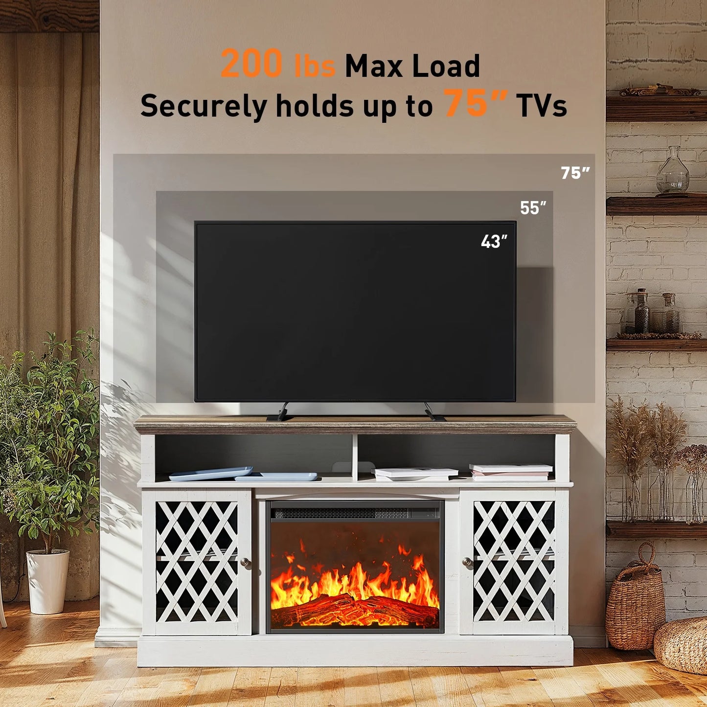 Farmhouse Fireplace TV Stand for 75" | LED Lights, Glass Doors, White