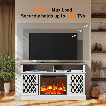 Farmhouse Fireplace TV Stand for 75" | LED Lights, Glass Doors, White