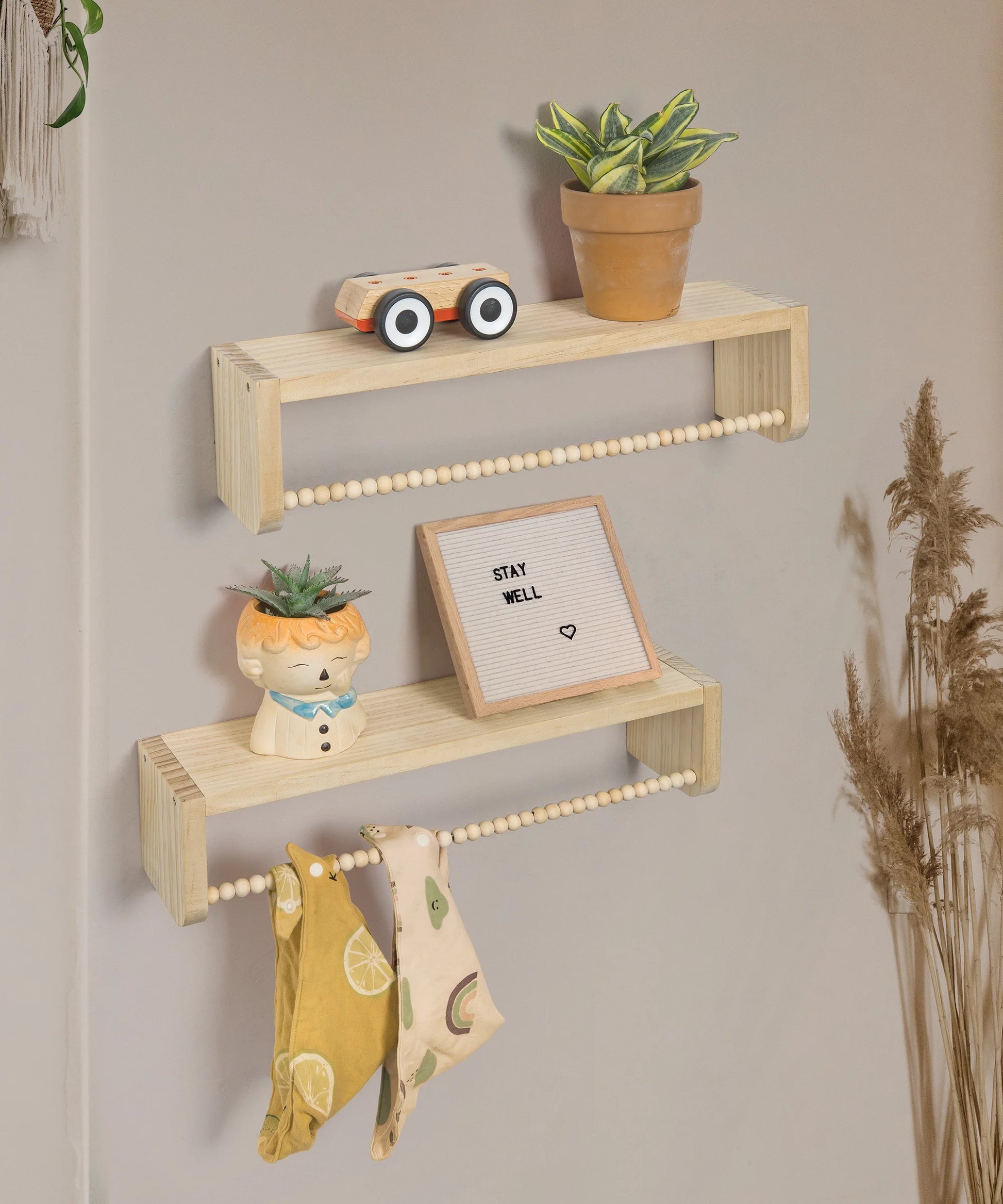 Nursery Floating Shelves Set of 3 | Natural Wood Wall-Mounted Bookshelf