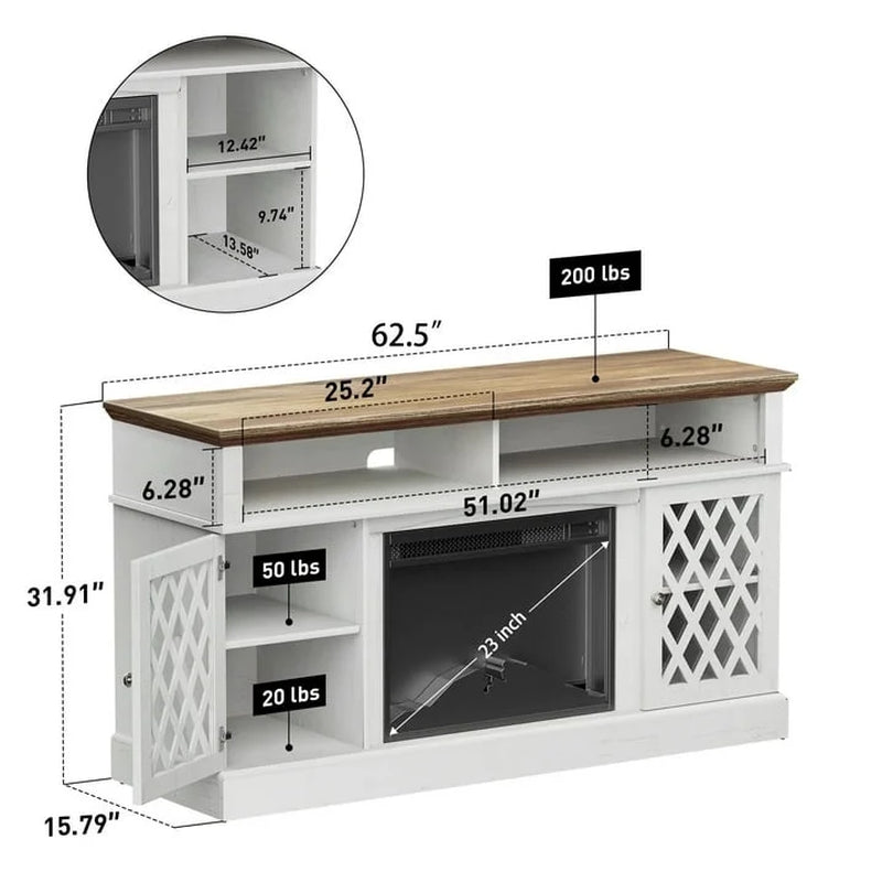 Farmhouse Fireplace TV Stand for 75" | LED Lights, Glass Doors, White