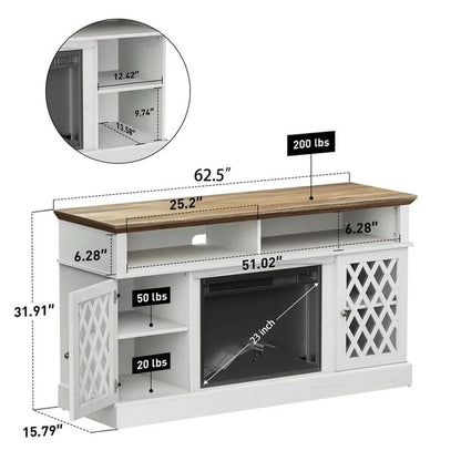 Farmhouse Fireplace TV Stand for 75" | LED Lights, Glass Doors, White