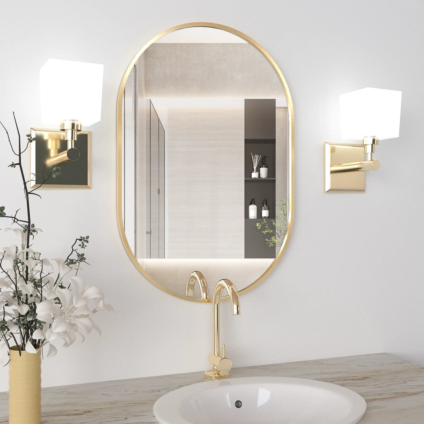 Oval Capsule Bathroom Mirror 24x36" | Gold Metal Frame